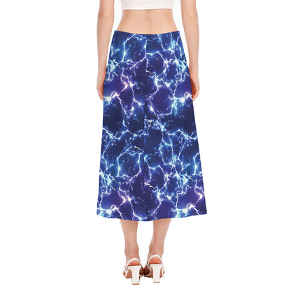 Blue And Purple Lightning Print Side Slit Midi Skirt