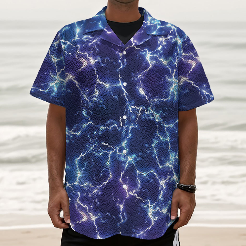 Blue And Purple Lightning Print Textured Short Sleeve Shirt