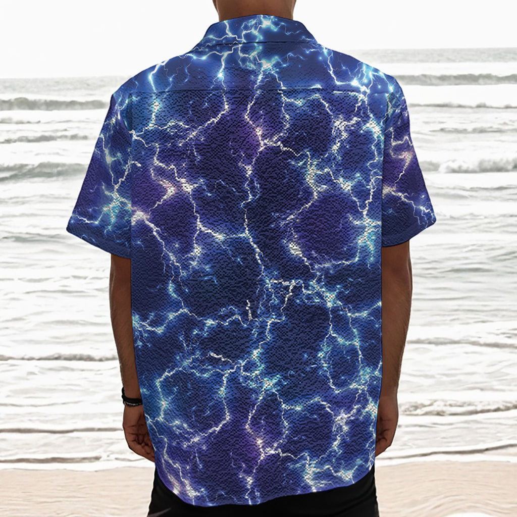 Blue And Purple Lightning Print Textured Short Sleeve Shirt