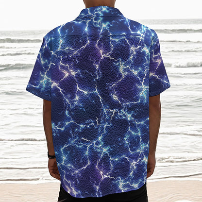 Blue And Purple Lightning Print Textured Short Sleeve Shirt