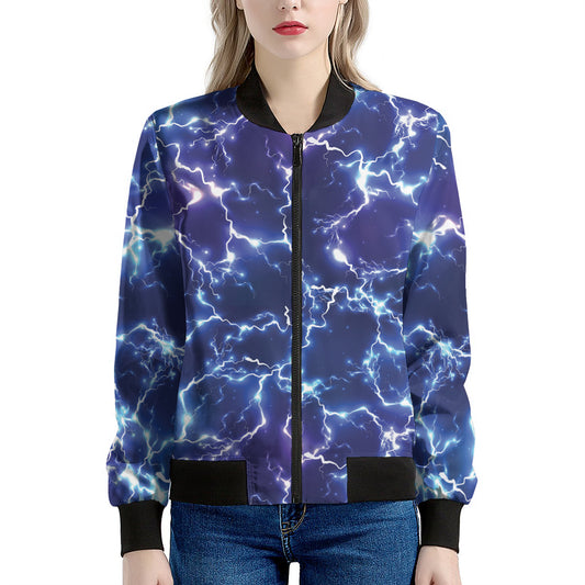 Blue And Purple Lightning Print Women's Bomber Jacket