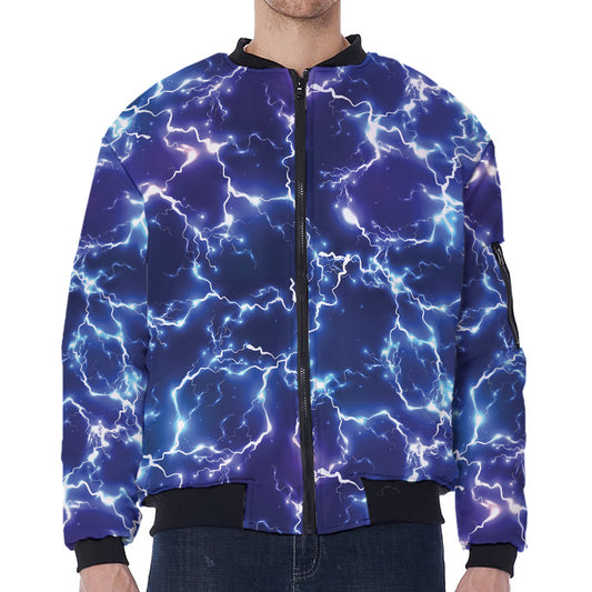 Blue And Purple Lightning Print Zip Sleeve Bomber Jacket