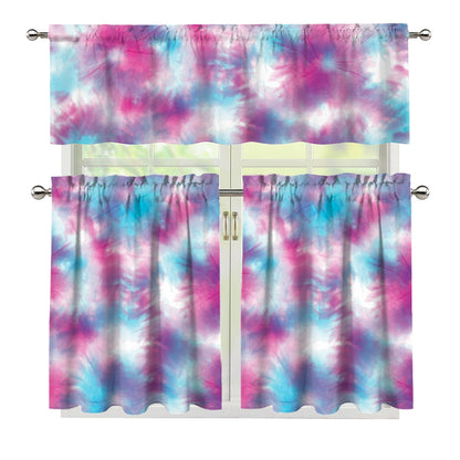 Blue And Purple Shibori Tie Dye Print 3 Piece Kitchen Curtains