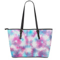 Blue And Purple Shibori Tie Dye Print Leather Tote Bag With Zipper