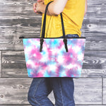 Blue And Purple Shibori Tie Dye Print Leather Tote Bag