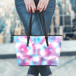Blue And Purple Shibori Tie Dye Print Leather Tote Bag