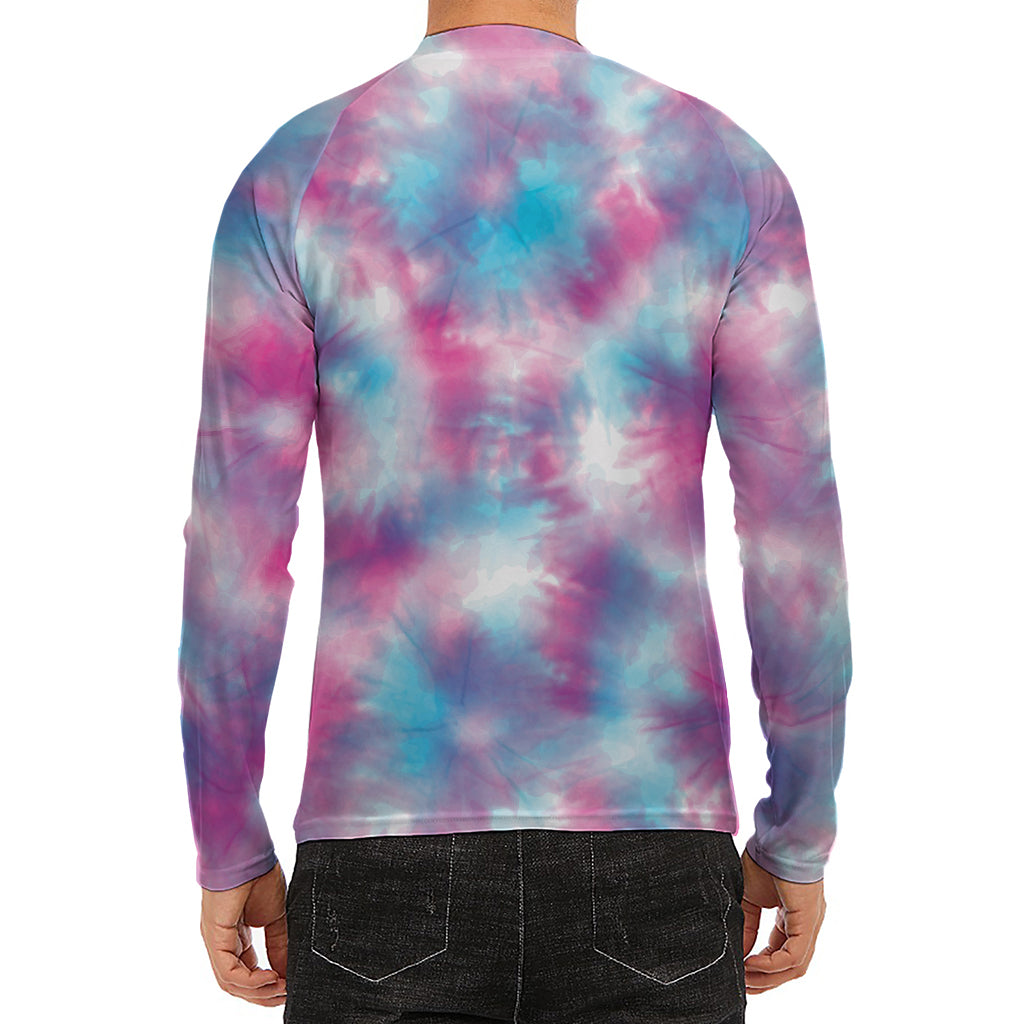 Blue And Purple Shibori Tie Dye Print Men's Long Sleeve Rash Guard