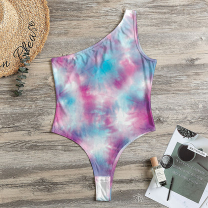 Blue And Purple Shibori Tie Dye Print One Shoulder Bodysuit