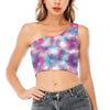 Blue And Purple Shibori Tie Dye Print One Shoulder Crop Top