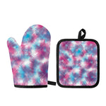 Blue And Purple Shibori Tie Dye Print Oven Mitt And Pot Holder Set