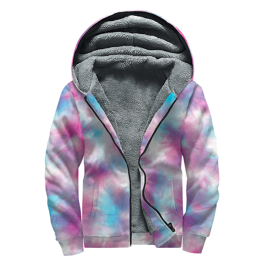 Blue And Purple Shibori Tie Dye Print Sherpa Lined Zip Up Hoodie