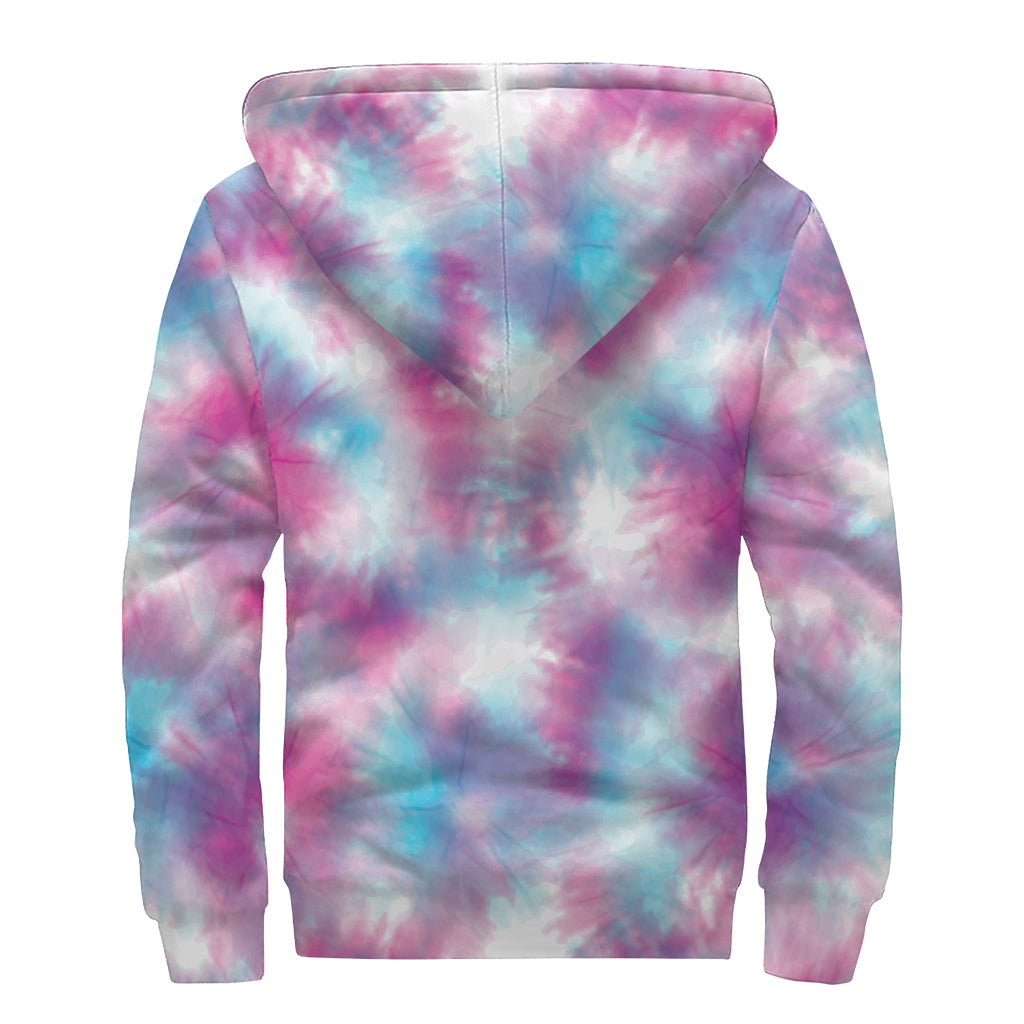 Blue And Purple Shibori Tie Dye Print Sherpa Lined Zip Up Hoodie