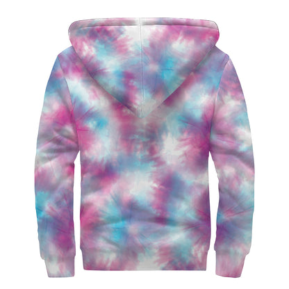 Blue And Purple Shibori Tie Dye Print Sherpa Lined Zip Up Hoodie