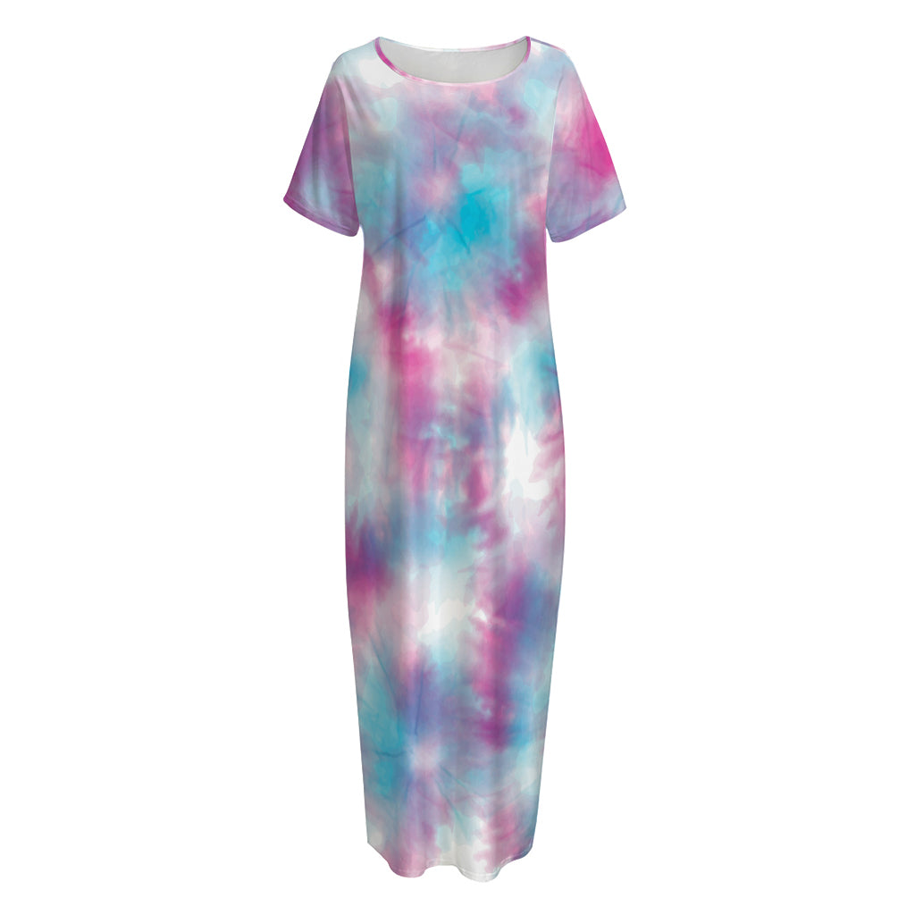 Blue And Purple Shibori Tie Dye Print Short Sleeve Long Nightdress