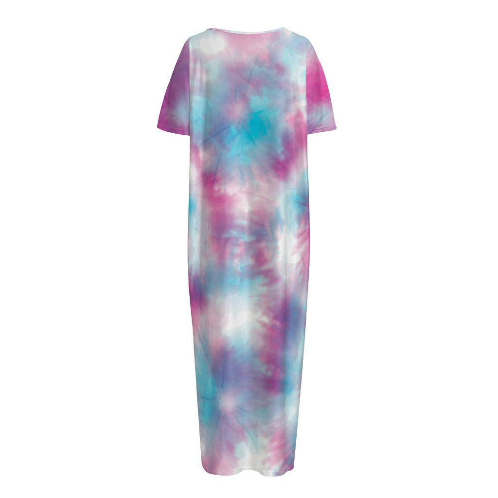 Blue And Purple Shibori Tie Dye Print Short Sleeve Long Nightdress