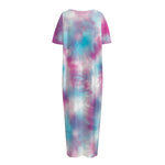 Blue And Purple Shibori Tie Dye Print Short Sleeve Long Nightdress