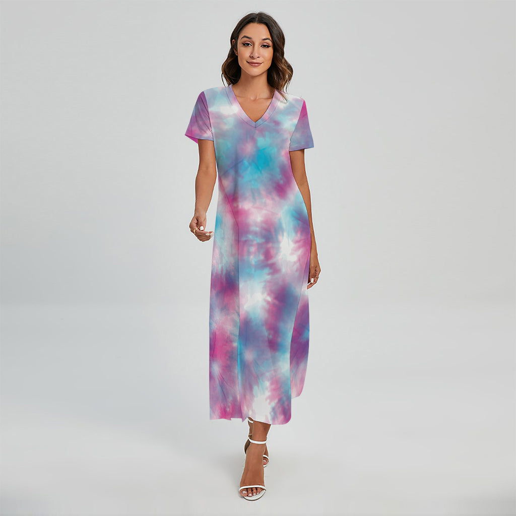 Blue And Purple Shibori Tie Dye Print Short Sleeve Maxi Dress