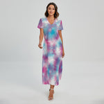 Blue And Purple Shibori Tie Dye Print Short Sleeve Maxi Dress