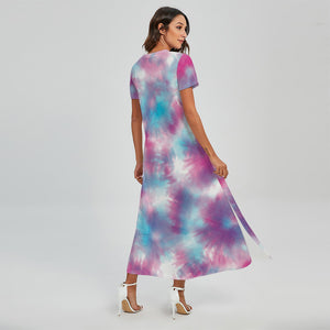 Blue And Purple Shibori Tie Dye Print Short Sleeve Maxi Dress