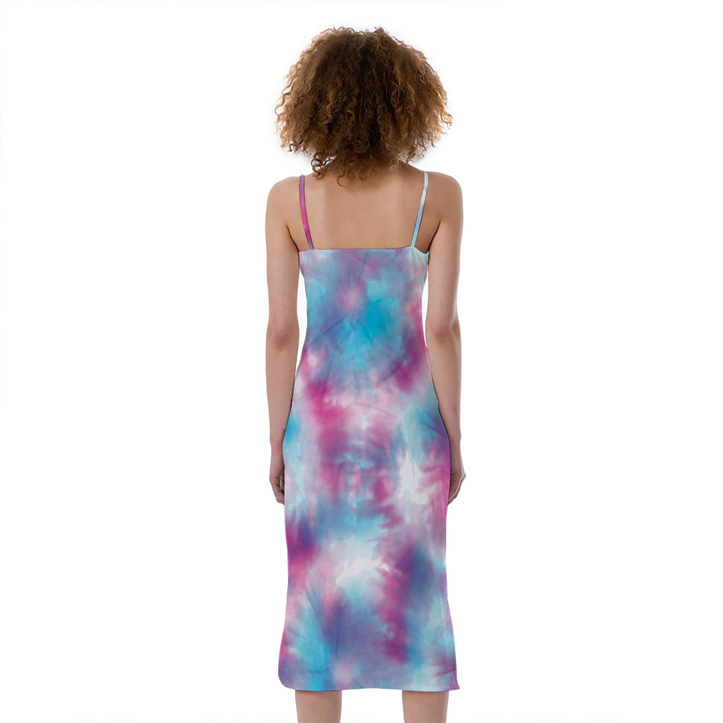 Blue And Purple Shibori Tie Dye Print Slim Fit Midi Cami Dress