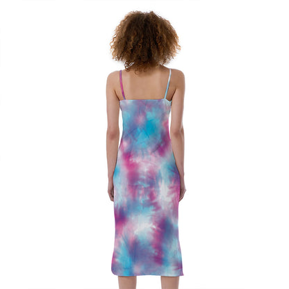 Blue And Purple Shibori Tie Dye Print Slim Fit Midi Cami Dress