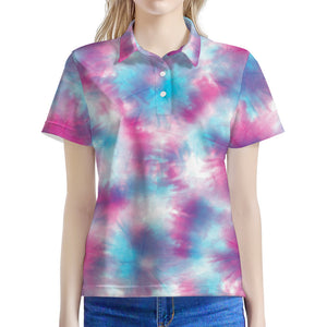 Blue And Purple Shibori Tie Dye Print Women's Polo Shirt