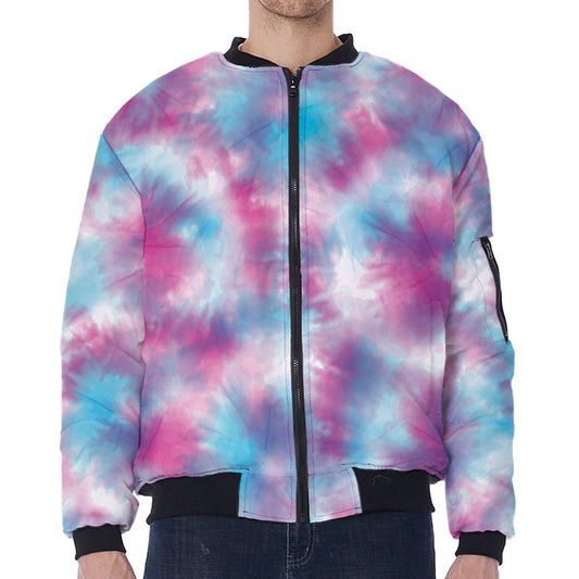 Blue And Purple Shibori Tie Dye Print Zip Sleeve Bomber Jacket