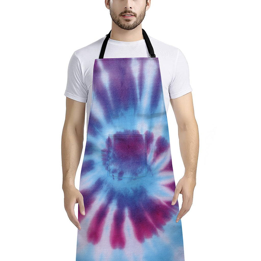 Blue And Purple Spiral Tie Dye Print Bib Apron With Pocket