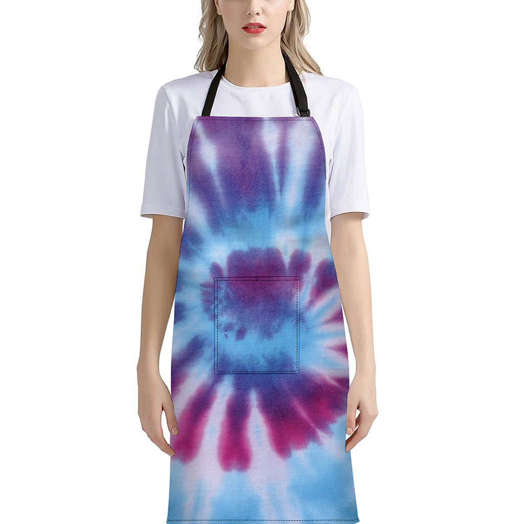Blue And Purple Spiral Tie Dye Print Bib Apron With Pocket