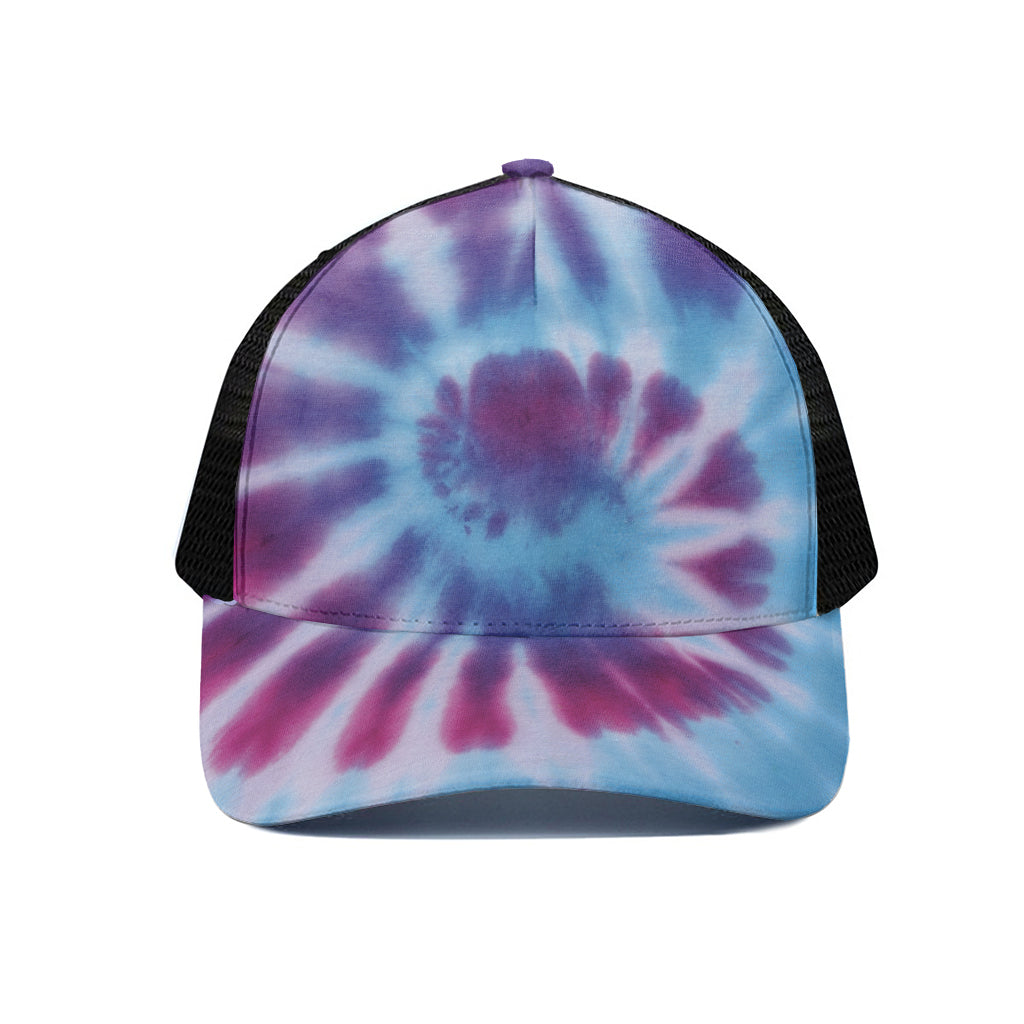 Blue And Purple Spiral Tie Dye Print Black Mesh Trucker Cap