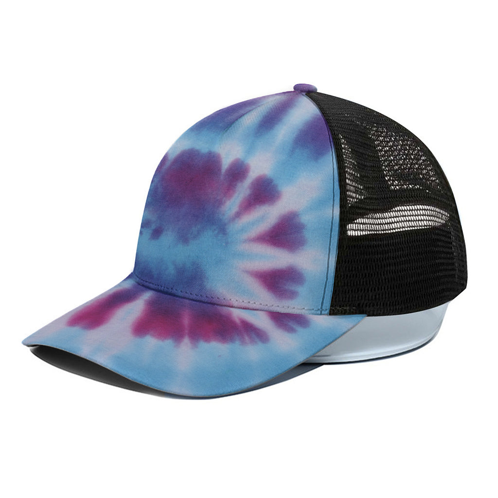 Blue And Purple Spiral Tie Dye Print Black Mesh Trucker Cap