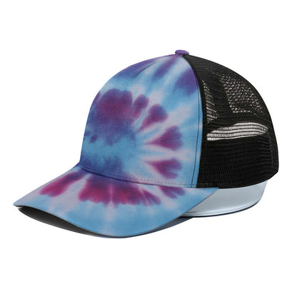 Blue And Purple Spiral Tie Dye Print Black Mesh Trucker Cap