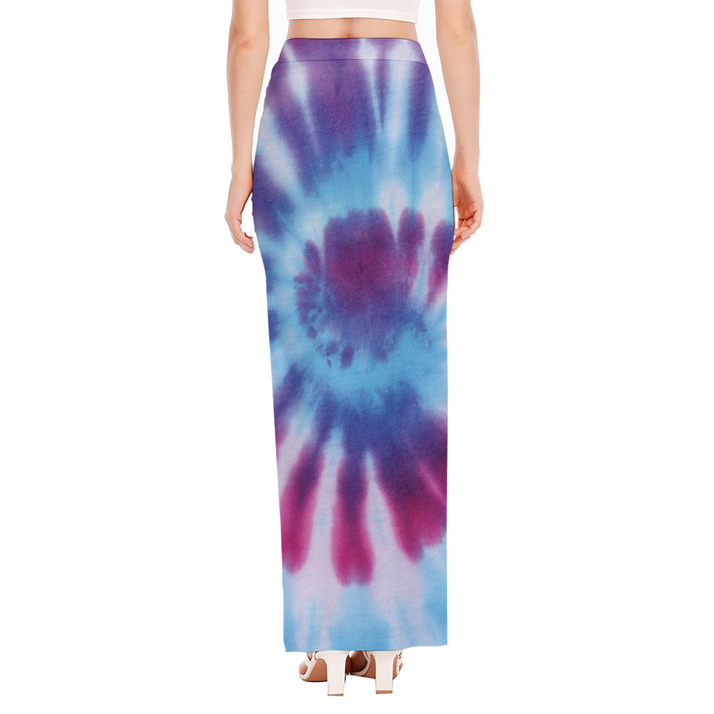 Blue And Purple Spiral Tie Dye Print High Slit Maxi Skirt