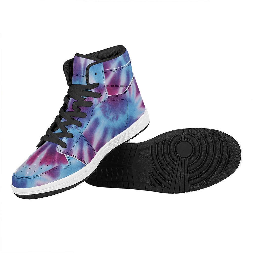 Blue And Purple Spiral Tie Dye Print High Top Leather Sneakers