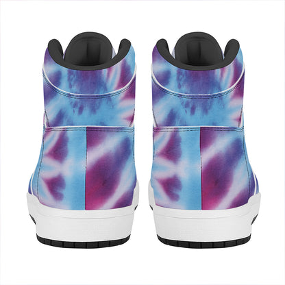 Blue And Purple Spiral Tie Dye Print High Top Leather Sneakers