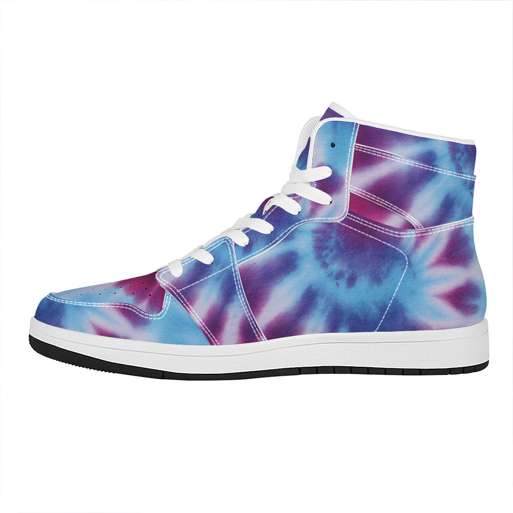 Blue And Purple Spiral Tie Dye Print High Top Leather Sneakers
