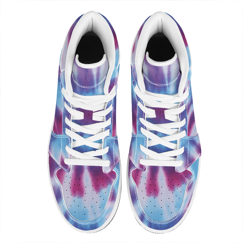 Blue And Purple Spiral Tie Dye Print High Top Leather Sneakers