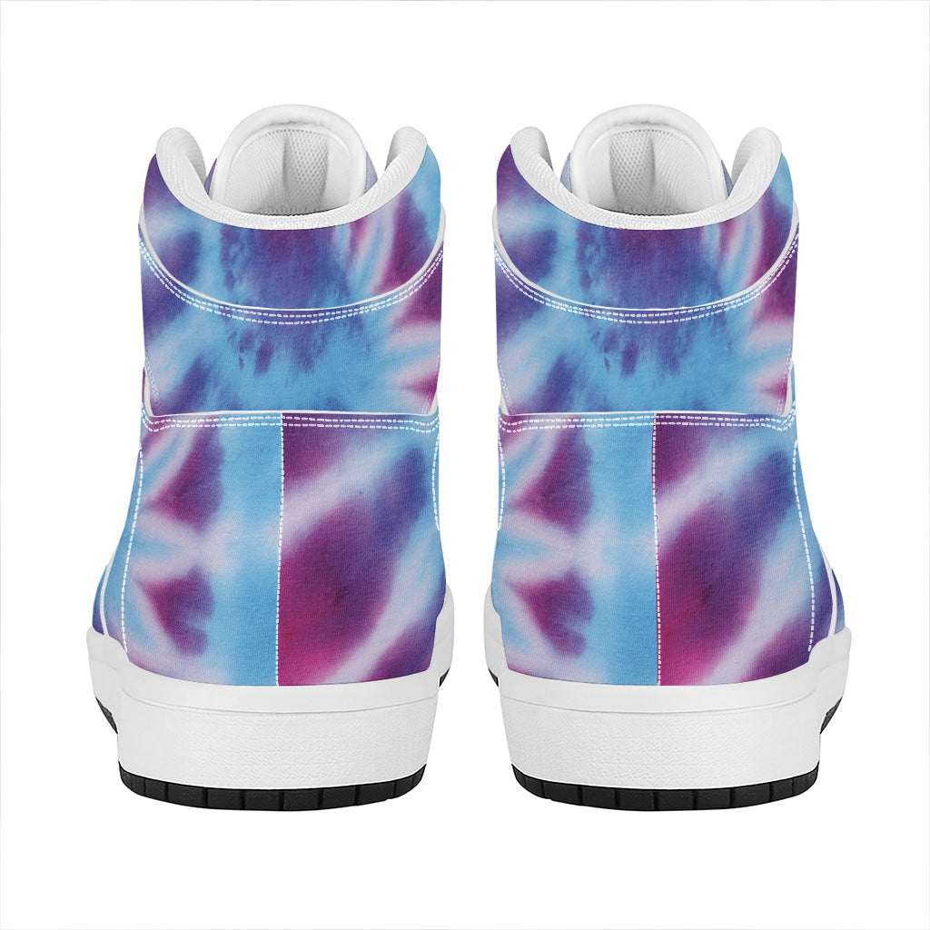 Blue And Purple Spiral Tie Dye Print High Top Leather Sneakers