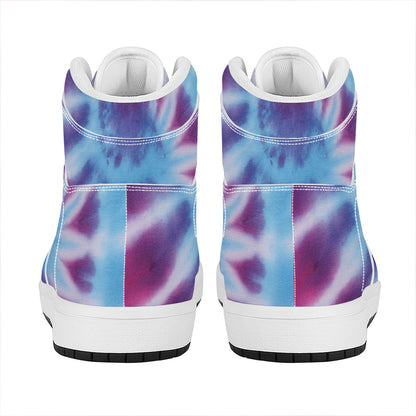 Blue And Purple Spiral Tie Dye Print High Top Leather Sneakers