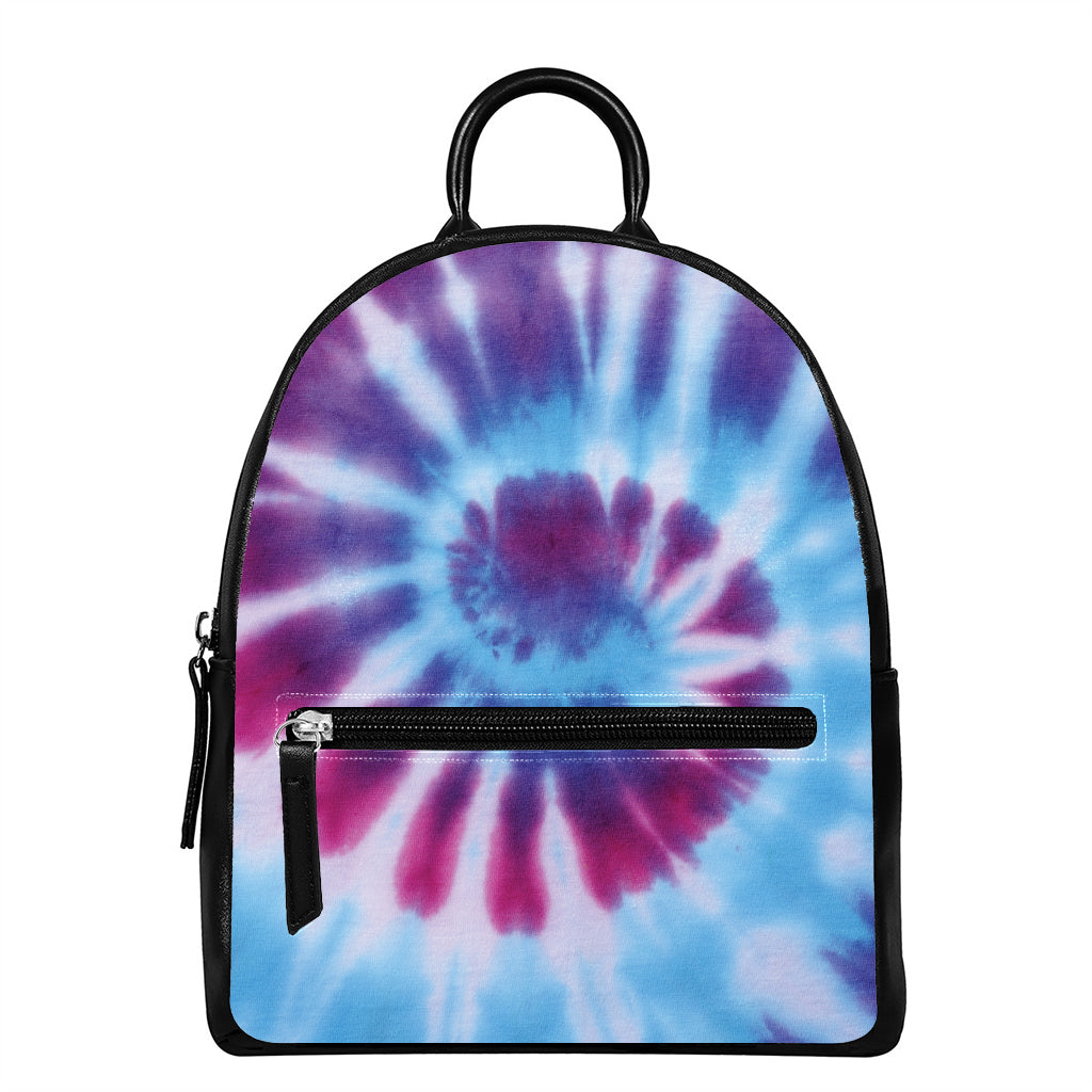 Blue And Purple Spiral Tie Dye Print Leather Backpack