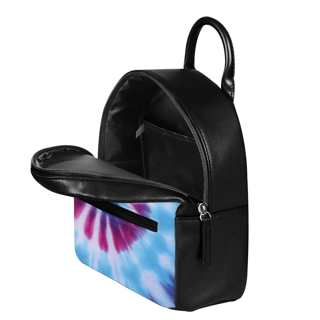 Blue And Purple Spiral Tie Dye Print Leather Backpack