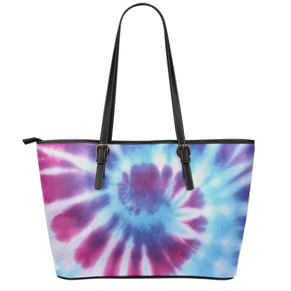 Blue And Purple Spiral Tie Dye Print Leather Tote Bag