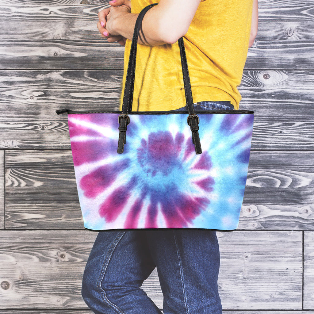 Blue And Purple Spiral Tie Dye Print Leather Tote Bag