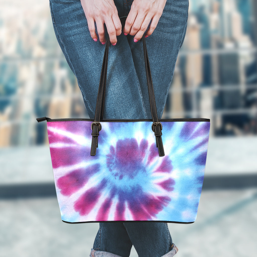 Blue And Purple Spiral Tie Dye Print Leather Tote Bag