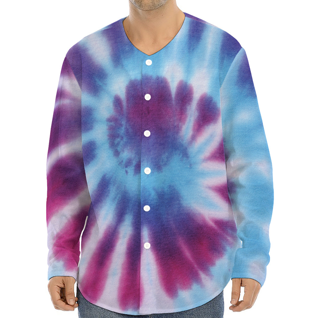 Blue And Purple Spiral Tie Dye Print Long Sleeve Baseball Jersey