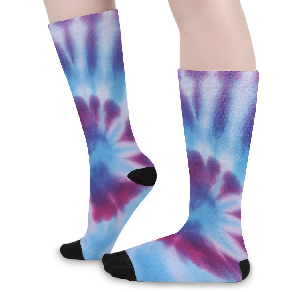 Blue And Purple Spiral Tie Dye Print Long Socks