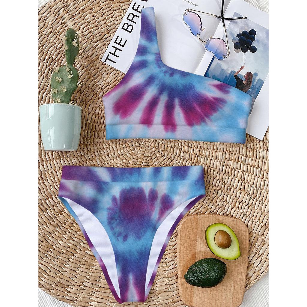 Blue And Purple Spiral Tie Dye Print One Shoulder Bikini Top