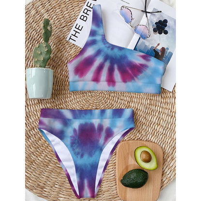 Blue And Purple Spiral Tie Dye Print One Shoulder Bikini Top