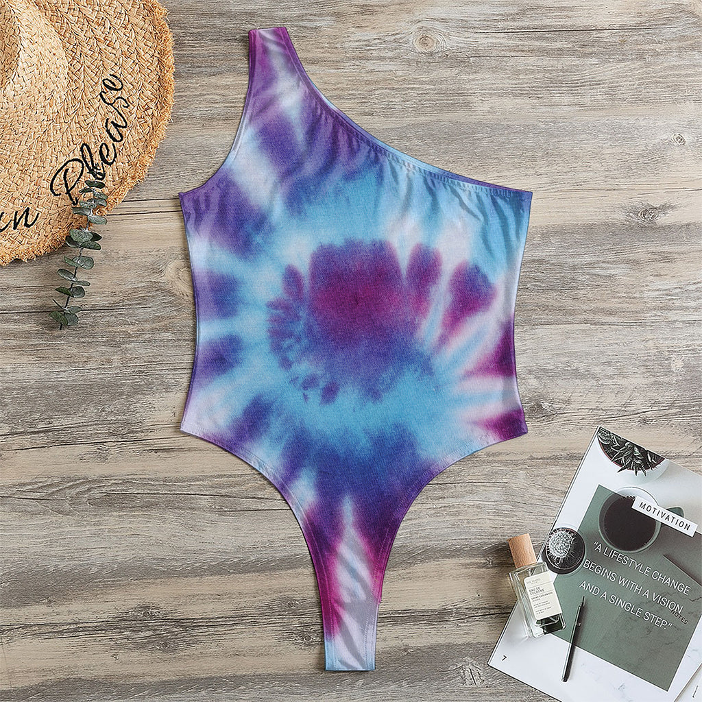 Blue And Purple Spiral Tie Dye Print One Shoulder Bodysuit