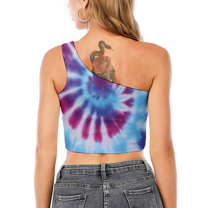 Blue And Purple Spiral Tie Dye Print One Shoulder Crop Top